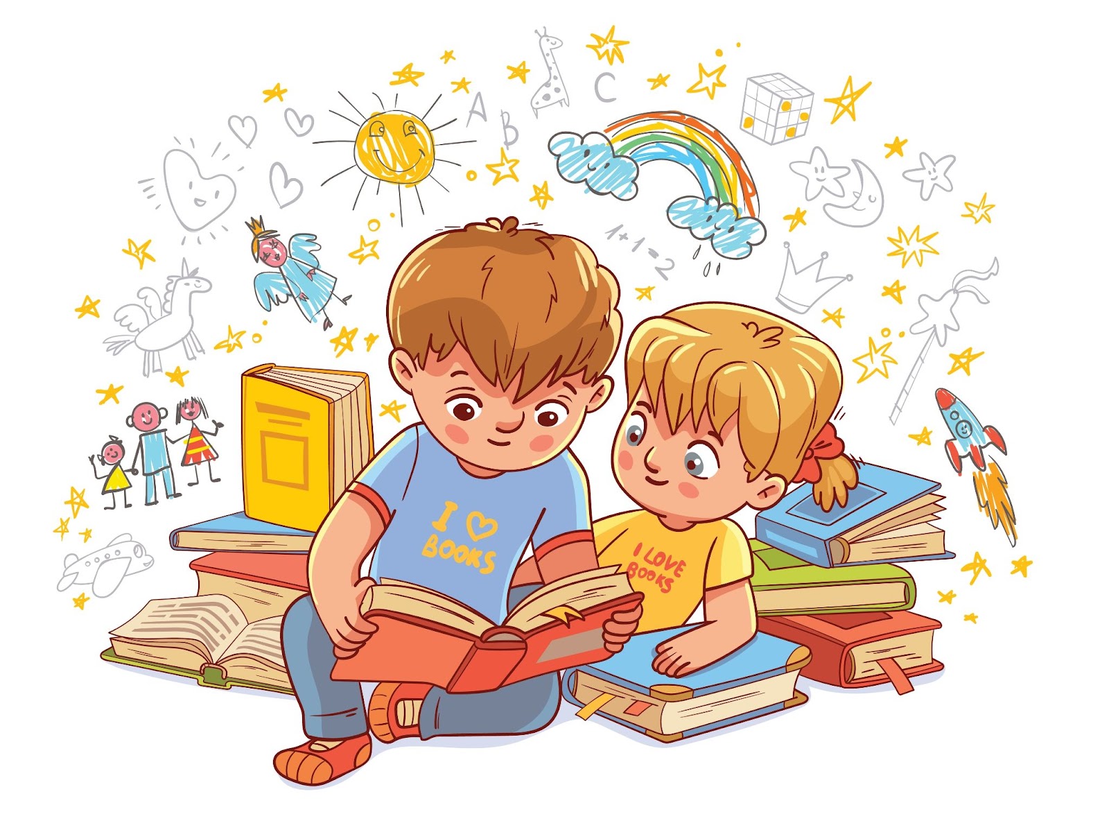 Băiat și fată citind basme împreună. Caractere colorate de desene animate. Ilustrație vectorială amuzantă.