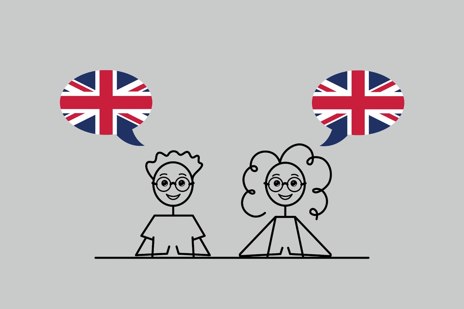 Marea Britanie vorbind în limba engleză, băiat și fată de desene animate cu bule de vorbire în culorile steagului britanic, învățarea limbii engleze ilustrație