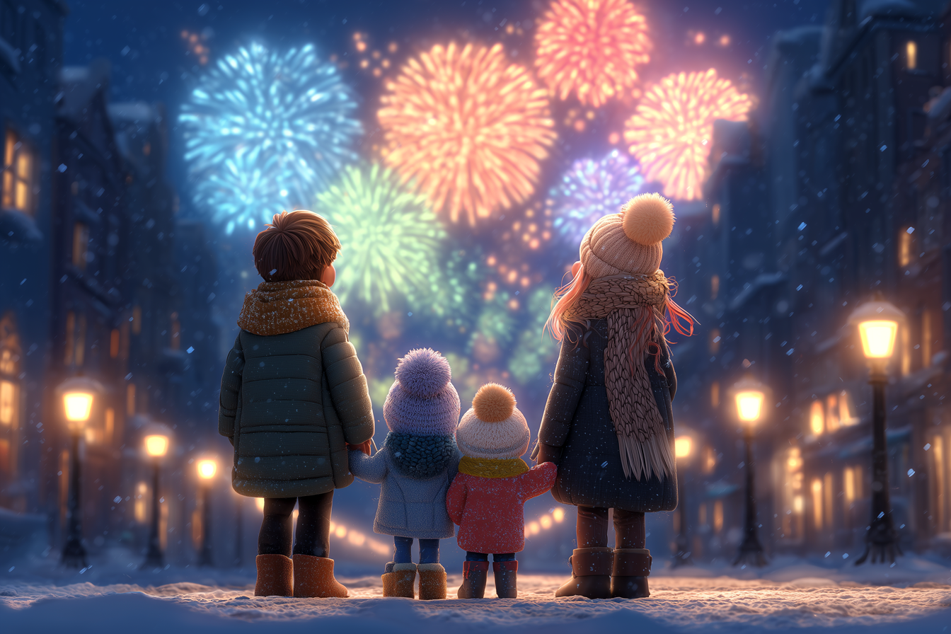 Copil privind artificiile de Anul Nou în oraș împreună cu familia