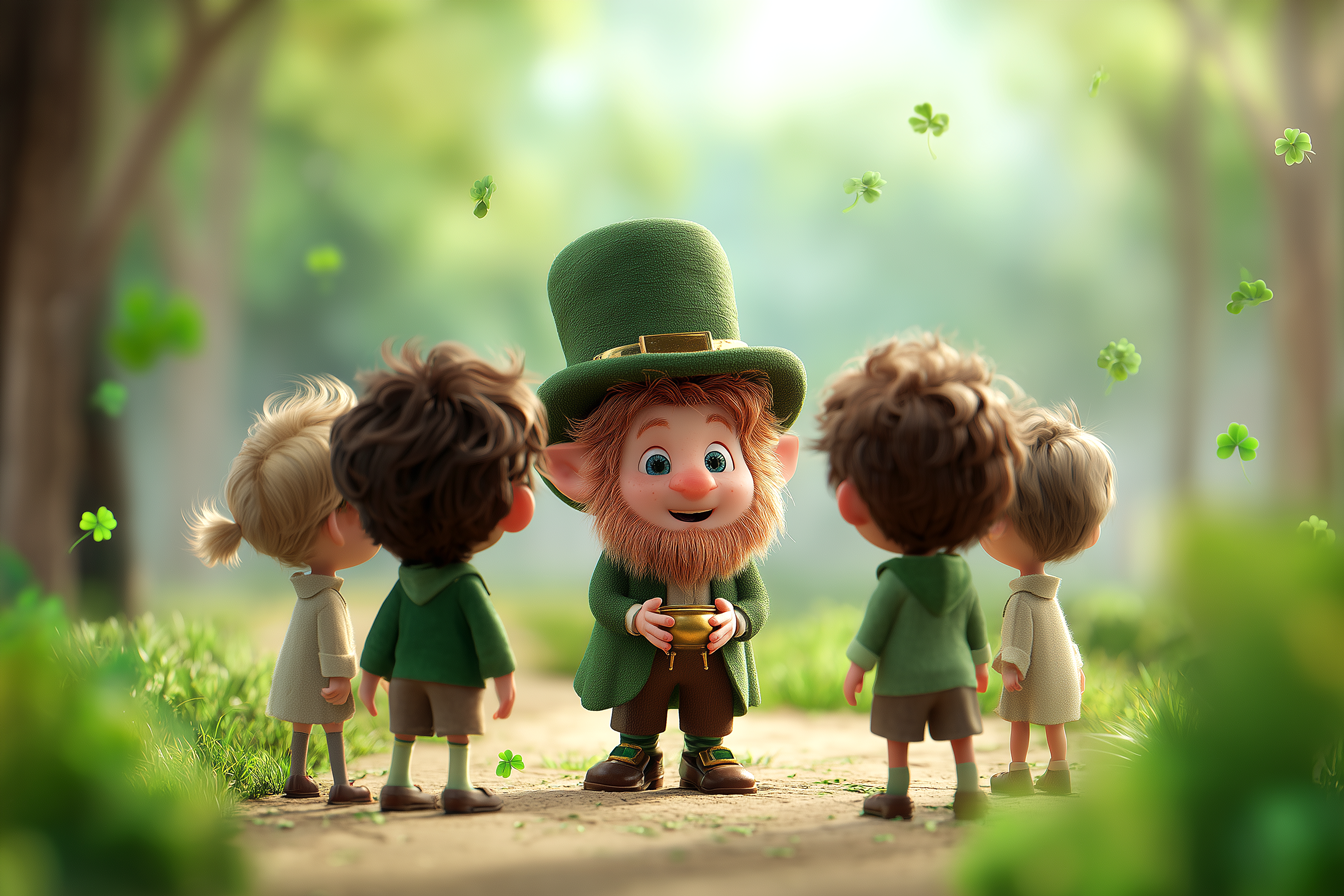Un leprechaun prietenos alături de copii care poartă haine verzi.