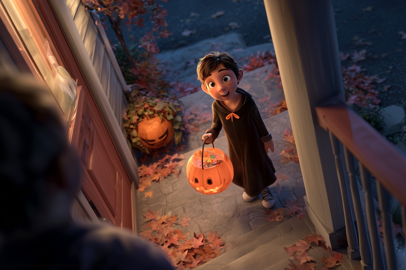 Copil costumat de Halloween care merge la trick-or-treat