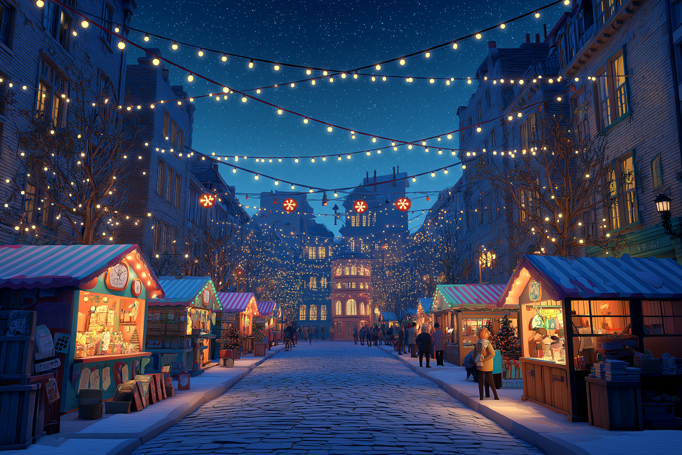 Străzi decorate de Crăciun în Anglia, cu luminițe, tarabe cu cadouri și oameni