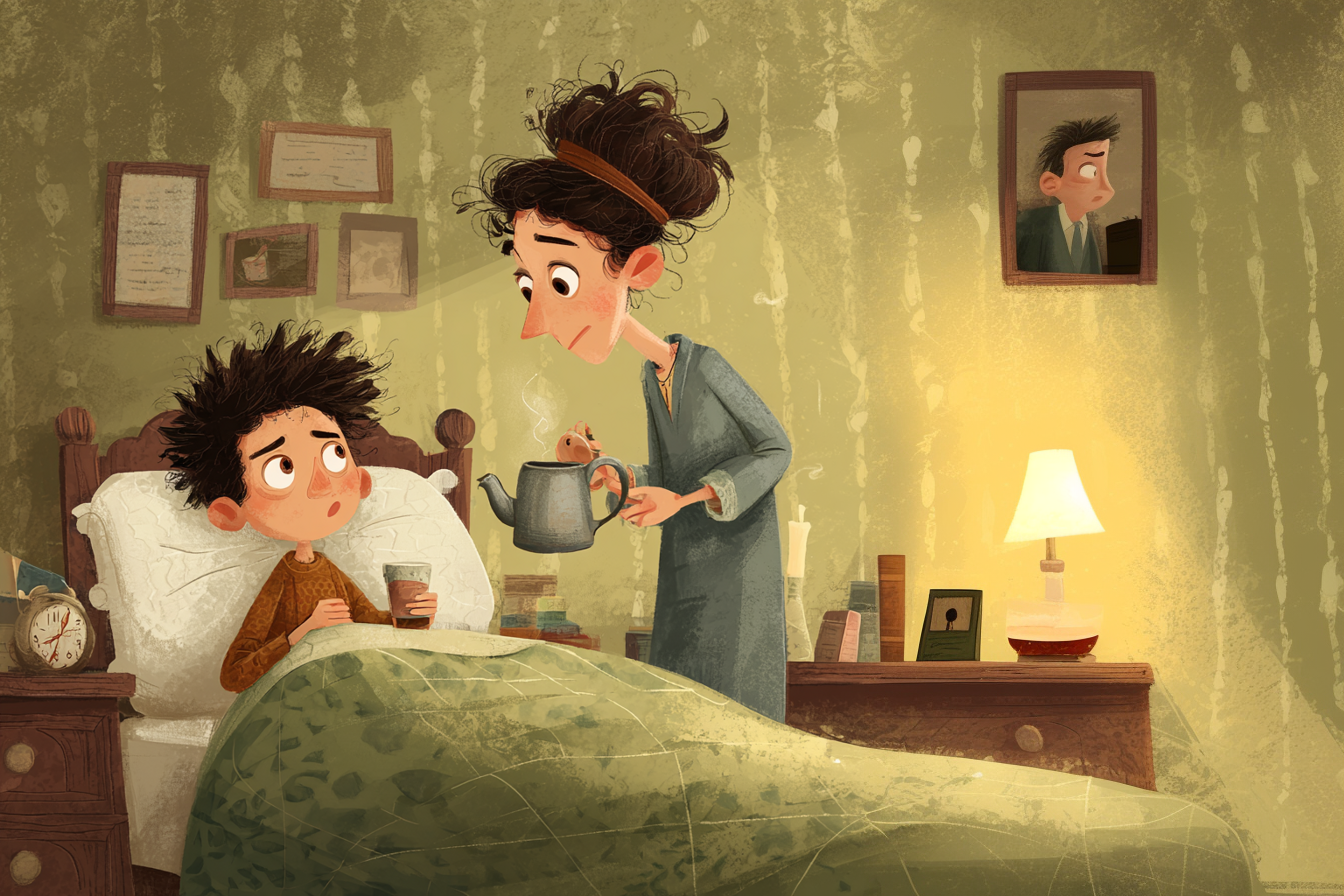 Copil răcit bea ceai adus de mama lui la pat