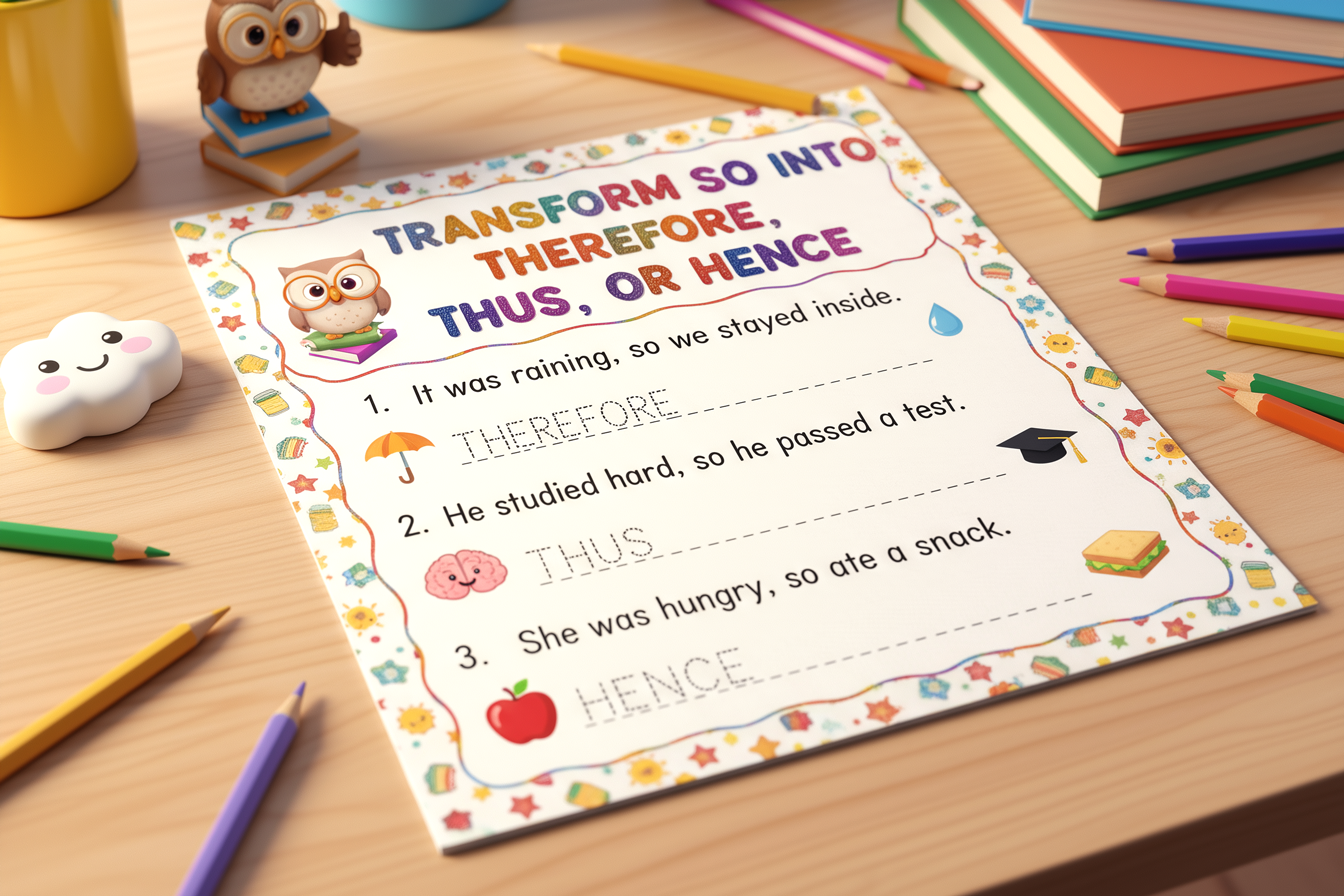 „Fișă imprimabilă pentru copii - transformă so în therefore, thus sau hence.”