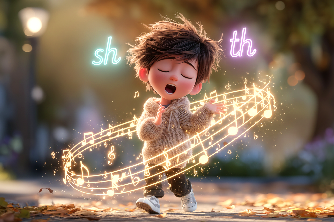Copil cântând și bătând din palme la sunetele sh și th